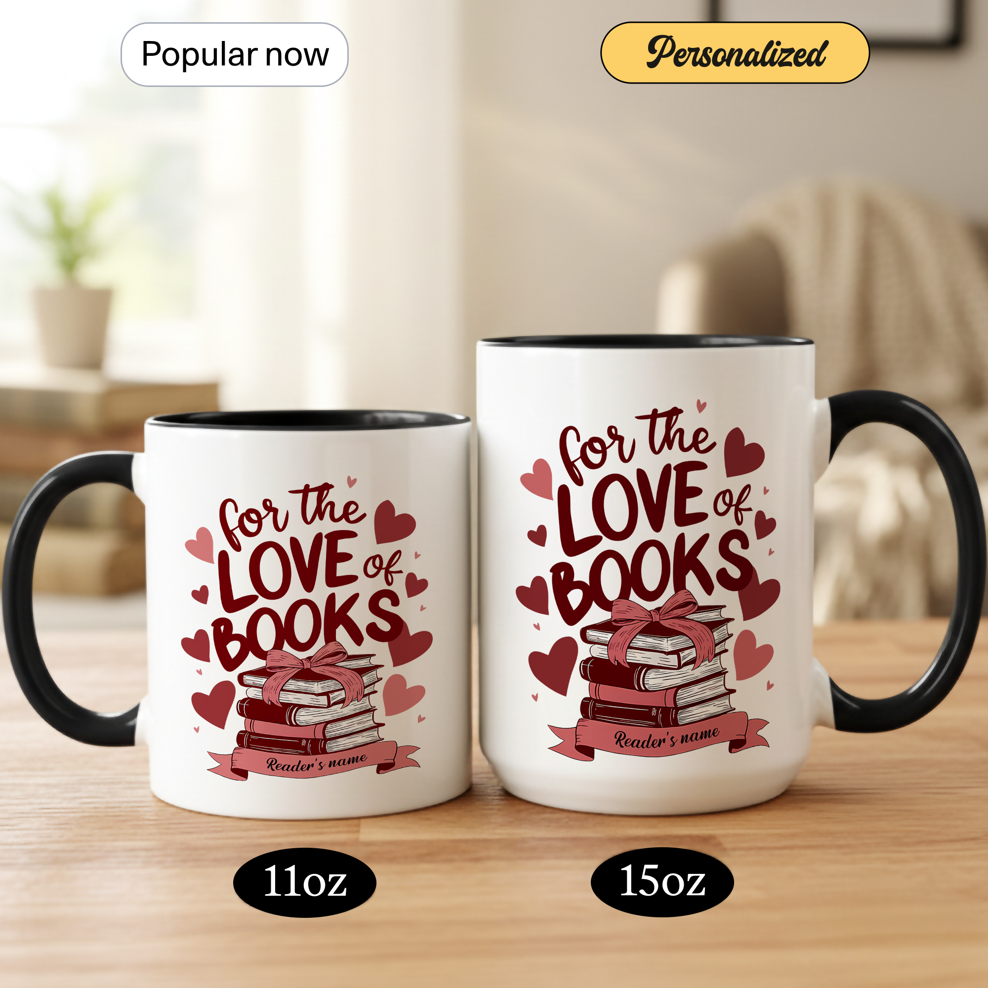 For The Love Of Books Personalized Mug – Custom Book Lover Gift – Romantic Reader Coffee Cup – 11oz 15oz Ringer Mug |Mug 114