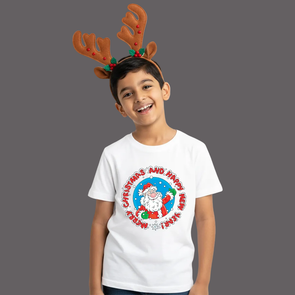 Red Merry Christmas and Happy New Year Santa Graphic T-Shirt | Holiday Reindeer Headband Tee | Boys/Girls Xmas Party Outfit