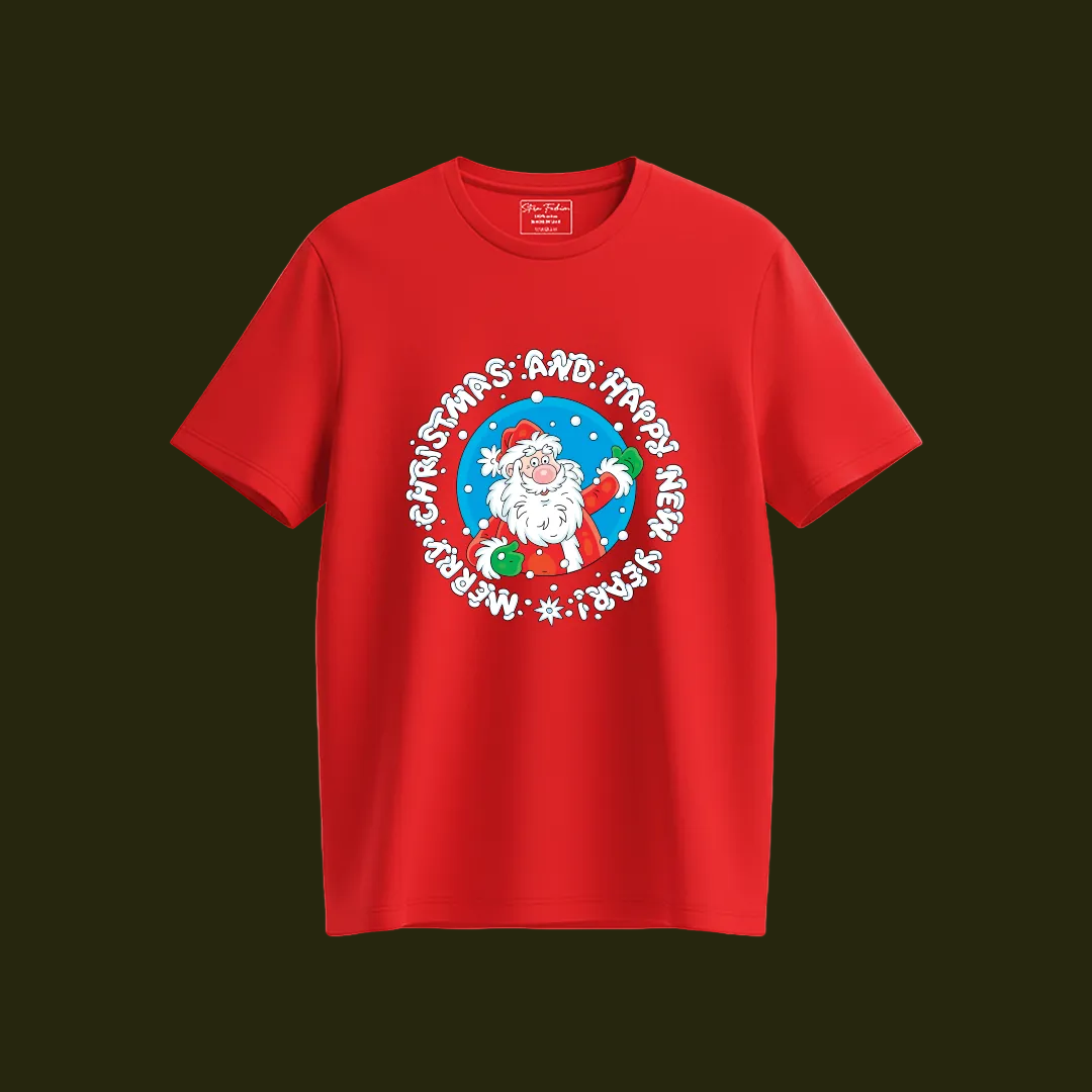 Red Merry Christmas and Happy New Year Santa Graphic T-Shirt | Holiday Reindeer Headband Tee | Boys/Girls Xmas Party Outfit