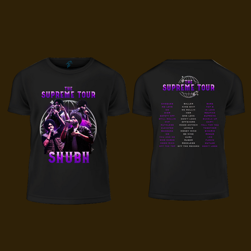 Shubh Supreme Tour T-Shirt | Punjabi Rapper Concert Tee with Tour Song List | Black Cotton Hip Hop Streetwear for Men & Fans