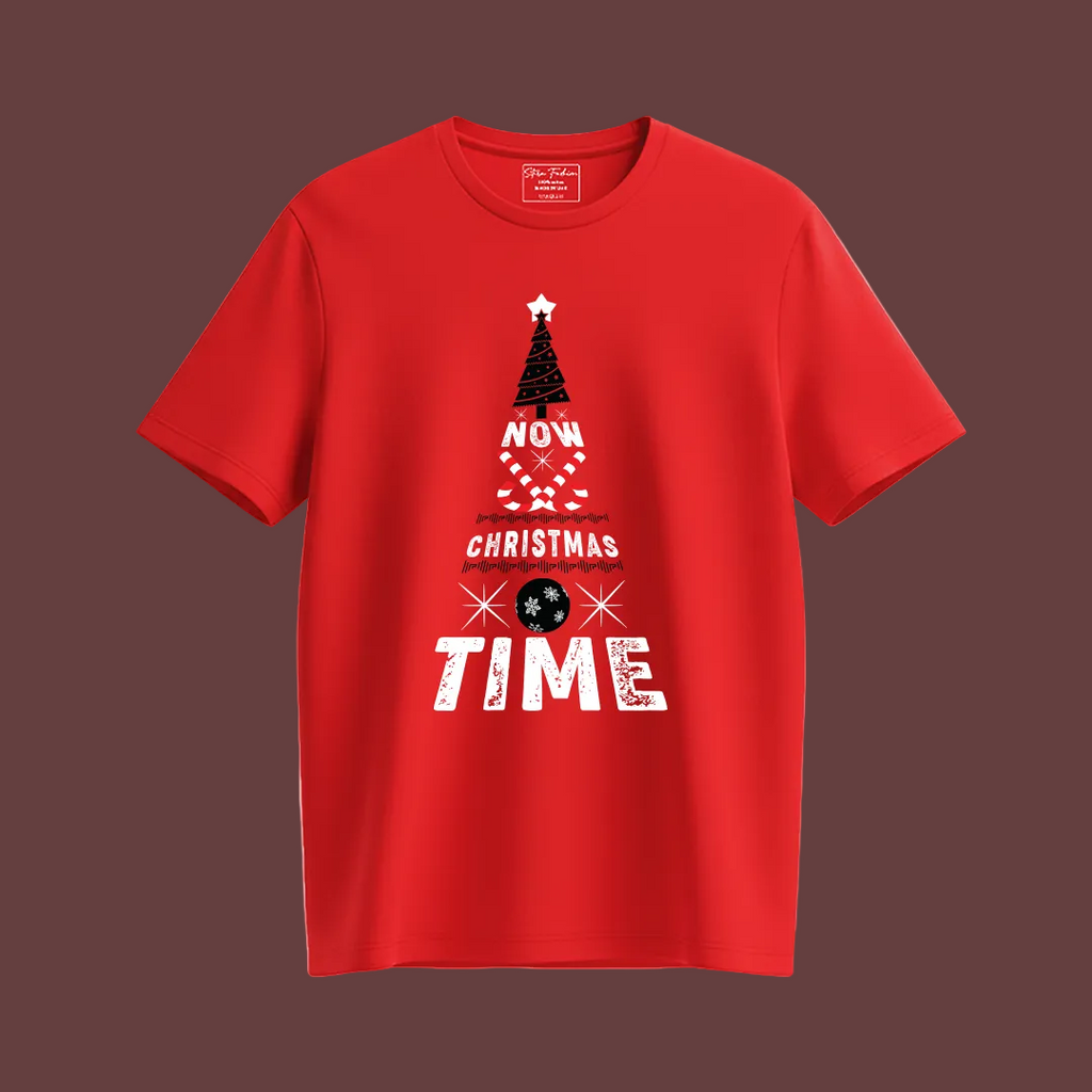 Christmas Tree Graphic Red T-Shirt- "NOW CHRISTMAS TIME" Holiday Shirt